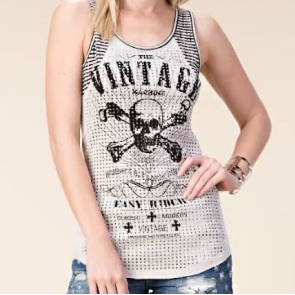 Voice of California Vintage Skull Graphic Tank Top Striped Biker Grunge Y2K